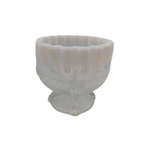 Antique Northwood Glass Opalescent Crimped Top Compote Spool Threaded Pattern - Picture 11 of 14